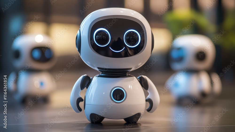 Poster cute robot character with smile face. 3d realistic vector set of cartoon funny ai chatbot mascot in 