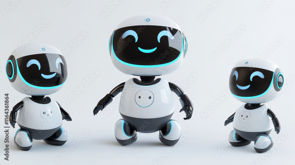 Poster cute robot character with smile face. 3d realistic vector set of cartoon funny ai chatbot mascot in 