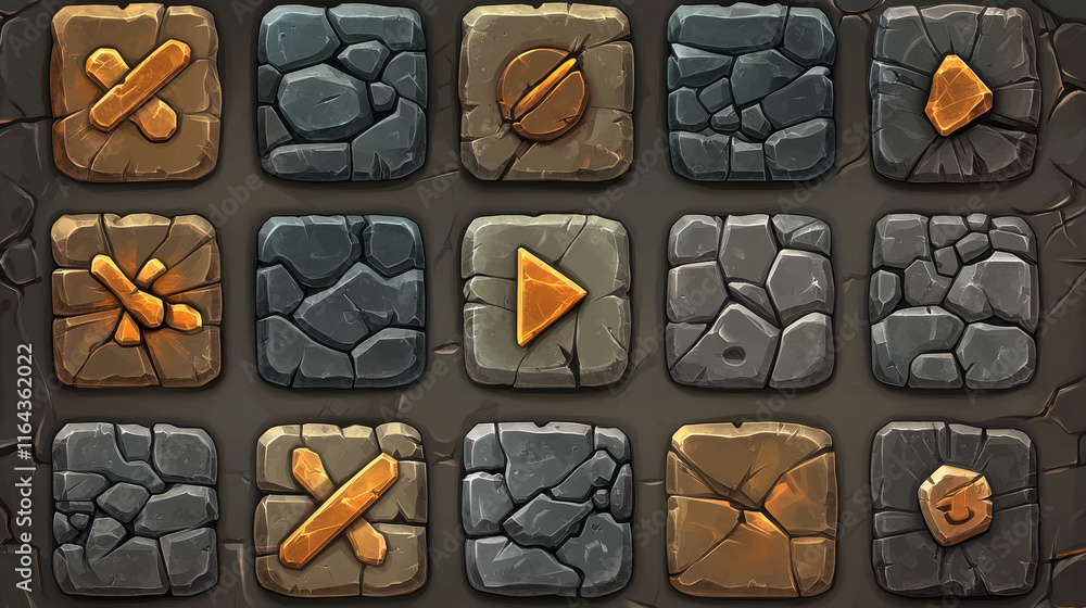 Poster rock frame ui board button, stone texture game interface cartoon vector set. medieval gui plate icon