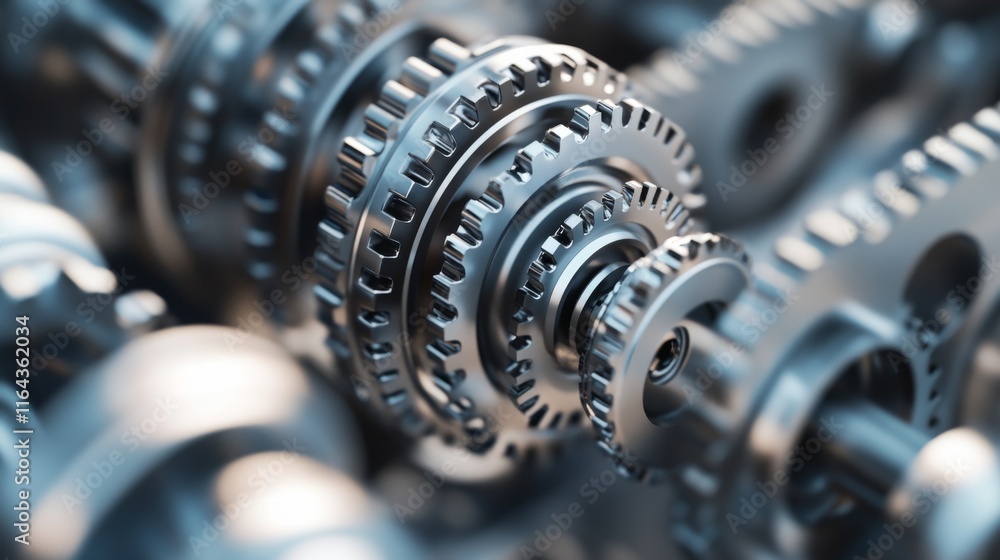 Poster close-up of intricate metallic gears showcasing precision engineering and mechanical design in a tec