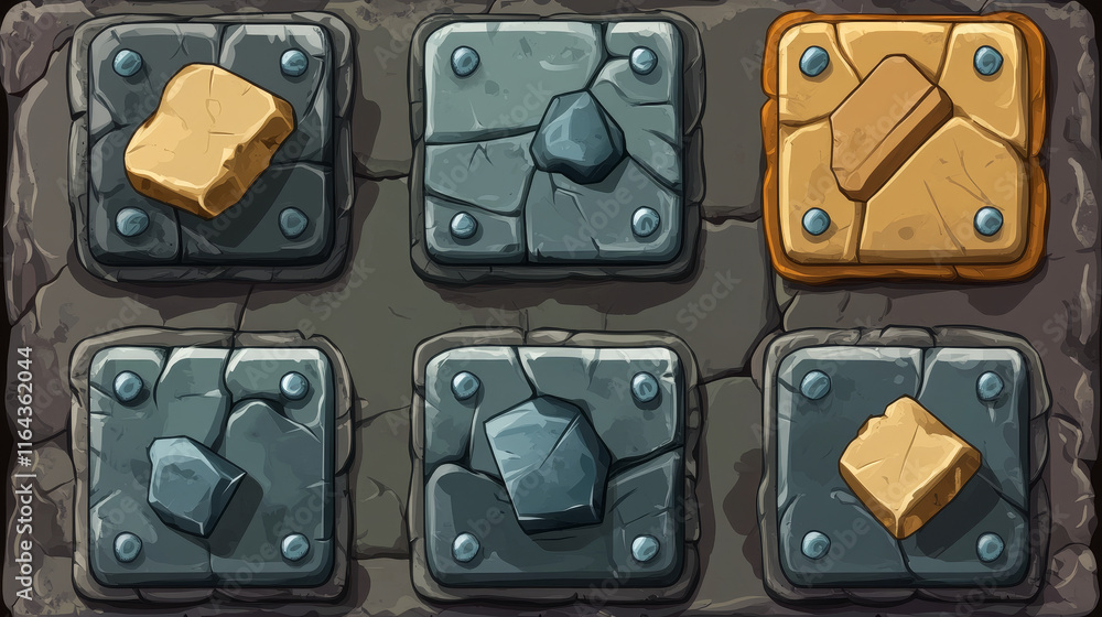 Poster rock frame ui board button, stone texture game interface cartoon vector set. medieval gui plate icon