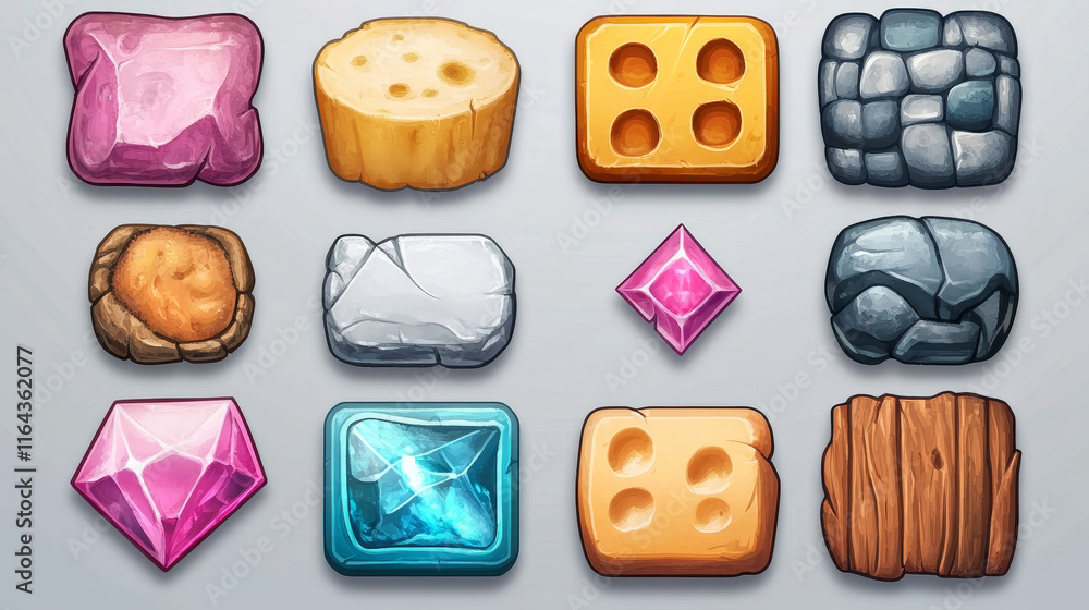 Aufkleber game ui app icons, square buttons, cartoon menu interface textured blocks. gui graphic design elemen
