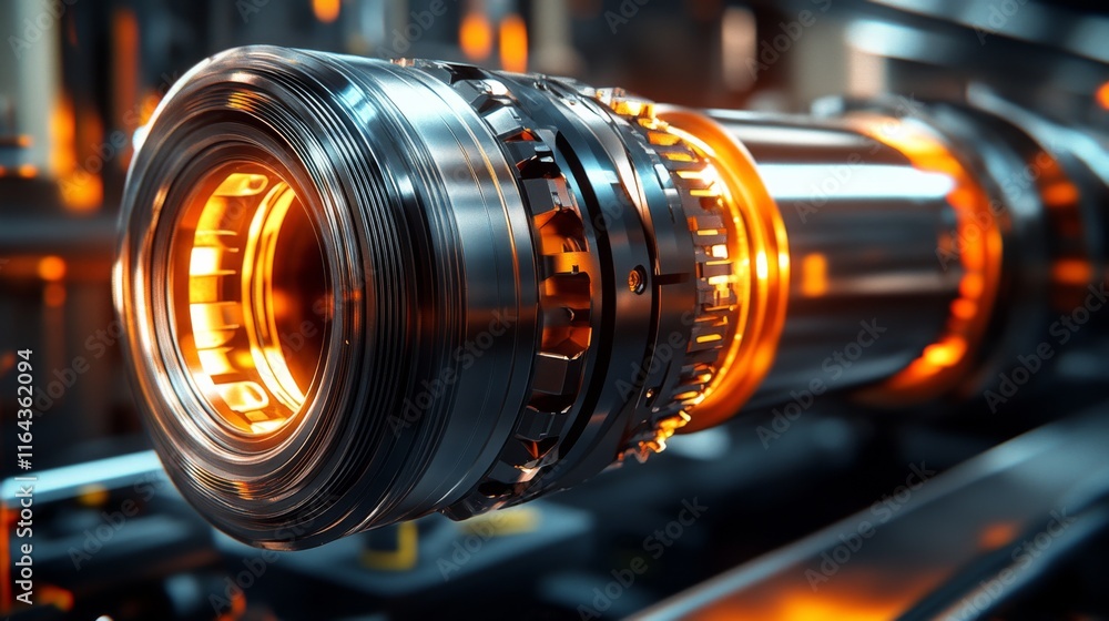 Poster close-up of modern industrial machinery with futuristic design and glowing elements showcasing advan