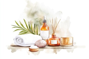 Watercolor illustration of a relaxing spa environment