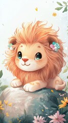 Fototapeta premium Adorable Baby Lion Cub Rests on Rock Among Flowers