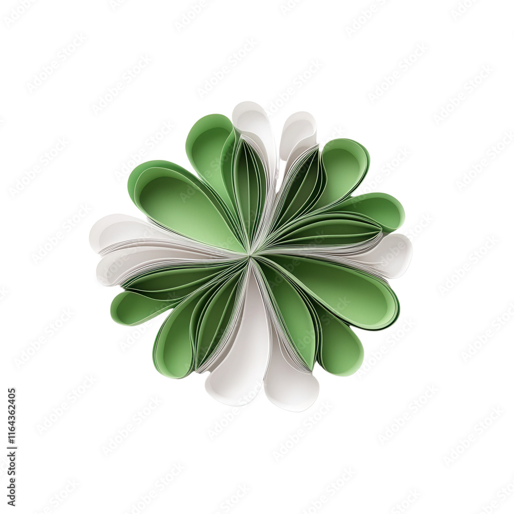 Poster a colorful, layered flower design with green and white elements arranged in a symmetrical pattern.