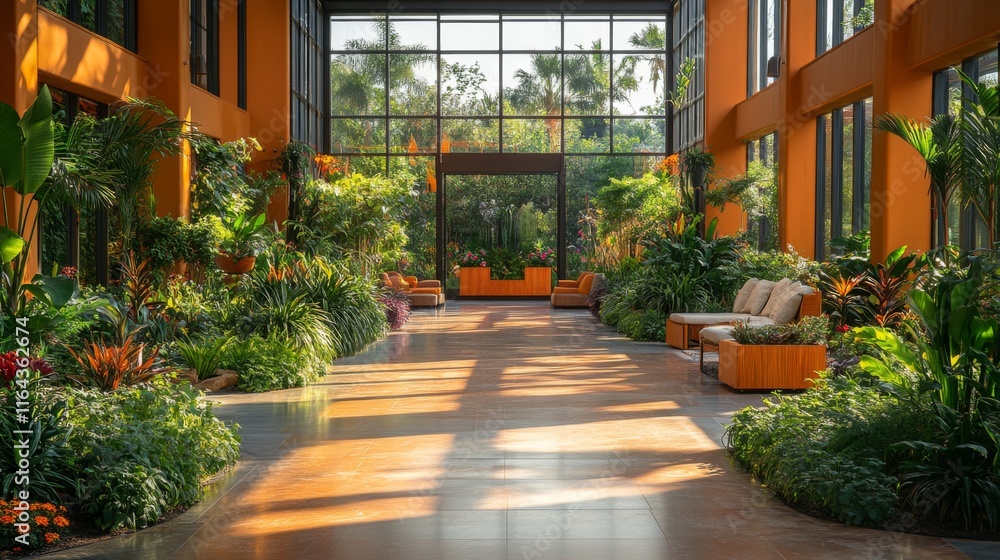 Poster a vibrant corridor featuring large windows allows natural light to flood in. lush greenery, comforta