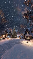 Snowy Christmas Village Night Scene with Illuminated Houses