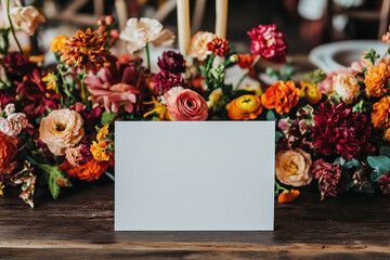Obraz premium Blank card mock up on the table decorated with flowers