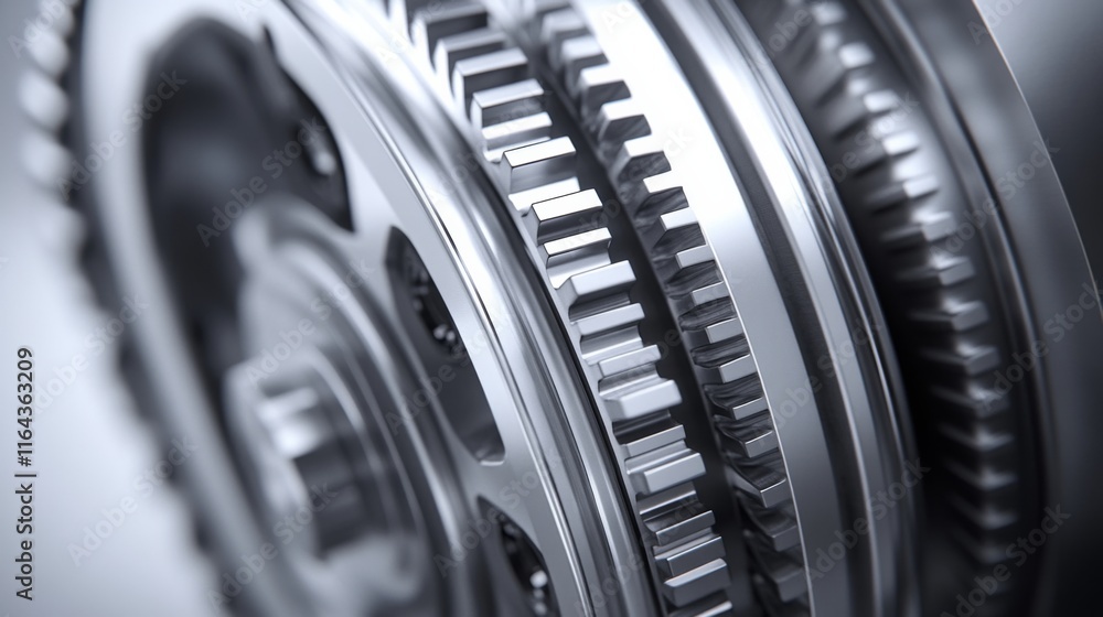 Poster close-up view of interlocked metallic gears with intricate teeth and smooth circular surfaces, highl