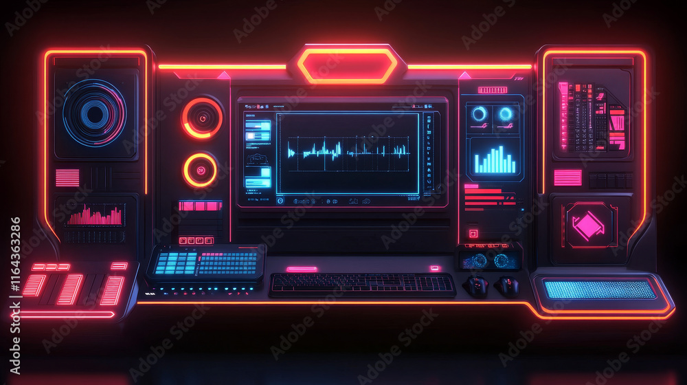 Poster futuristic twitch stream overlay and button ui template. gamer neon cyber video screen interface. pa