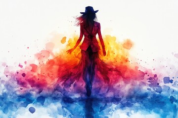 Fototapeta premium A woman wearing a long dress and hat, possibly for an occasion or event