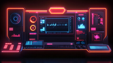 Fototapeta premium Futuristic twitch stream overlay and button ui template. Gamer neon cyber video screen interface. Panel bar facecam hud glow design isolated vector tag. Esport broadcast display set for web user