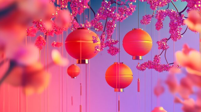 Happy Chinese New Year of the Snake 2025. Vector 3d modern abstract illustration of geometric chinese lanterns, sequin pattern, floral ornament for China greeting card, poster, background or postcard