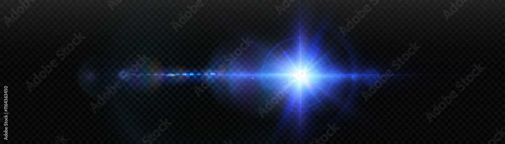 Poster horizontal blue glow effect with glare, bright shimmering laser for game interface design and illust