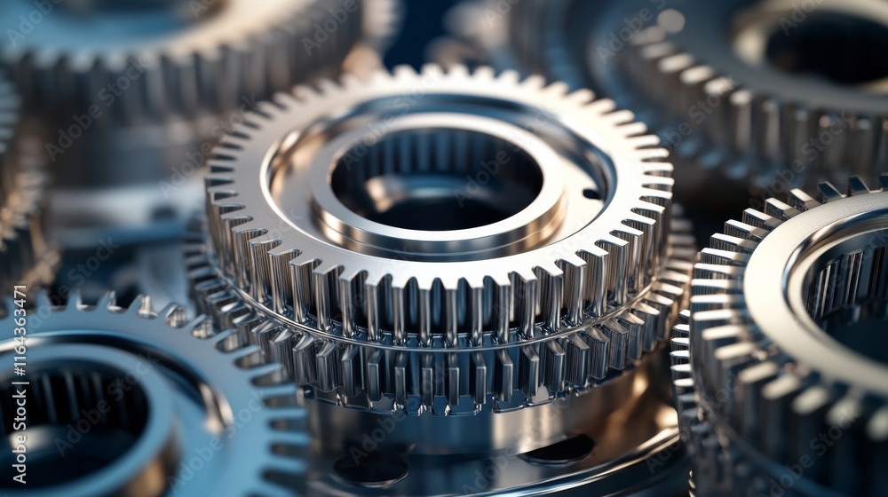 Poster close-up view of interlocking metallic gears illustrating precision engineering and mechanical compo