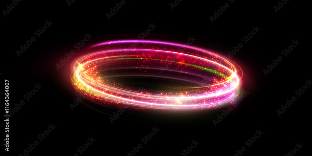 Poster Bright trace of rotation of glowing rays of saturated red-pink glow. Glowing bright swirl for game interface design. Vector