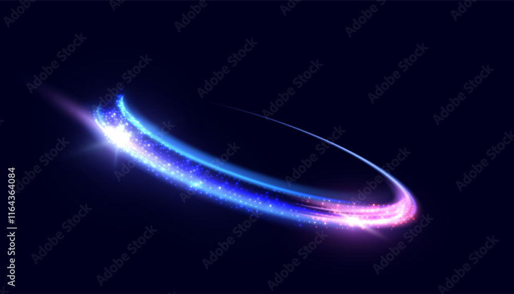 Poster Bright trace of rotation of glowing rays of saturated blue-violet glow. Glowing bright swirl for game interface design. Vector