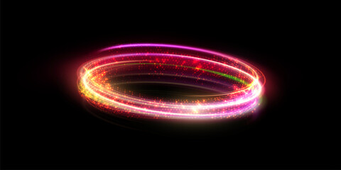 Bright trace of rotation of glowing rays of saturated red-pink glow. Glowing bright swirl for game interface design. Vector