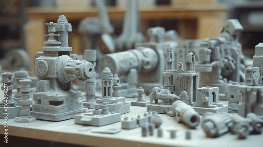 Poster collection of intricate industrial models and miniatures displayed on a workbench surface amidst a c