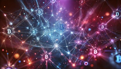 Futuristic high resolution abstract image visualizing Bitcoin digital network structure with vibrant glowing nodes and sleek lines