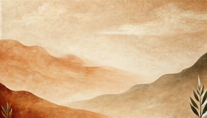 Warm earthy textured background in tones of beige and sand featuring rolling hills, subtle grain texture and leaf decoration