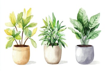 Obraz premium Three potted plants sit side by side, perfect for indoor or outdoor use