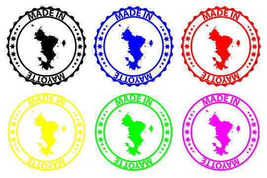 Made in Mayotte - rubber stamp - vector, Mayotte map pattern - black, blue, green, yellow, purple and red