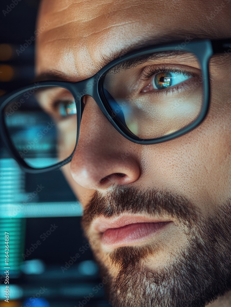 Poster focused crypto trader analyst wearing eyeglasses working looking at computer screen reflecting in gl