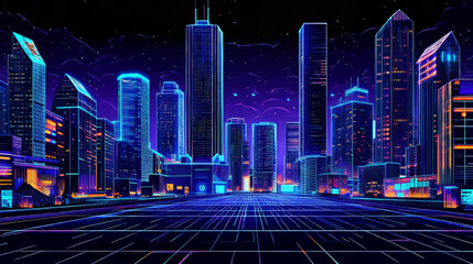Futuristic cityscape background on wireframe landscape. Vector realistic illustration of modern urban architecture silhouettes in neon blue color on black backdrop, future technology, high tech banner