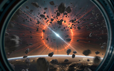 3D illustration of A powerful supernova explosion, a birth of the star in deep space. High quality digital space sci-fi art in 5K - realistic visualization. Render