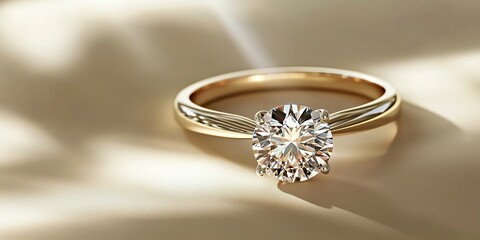 solitaire diamond ring displayed on a matte beige background with soft lighting
