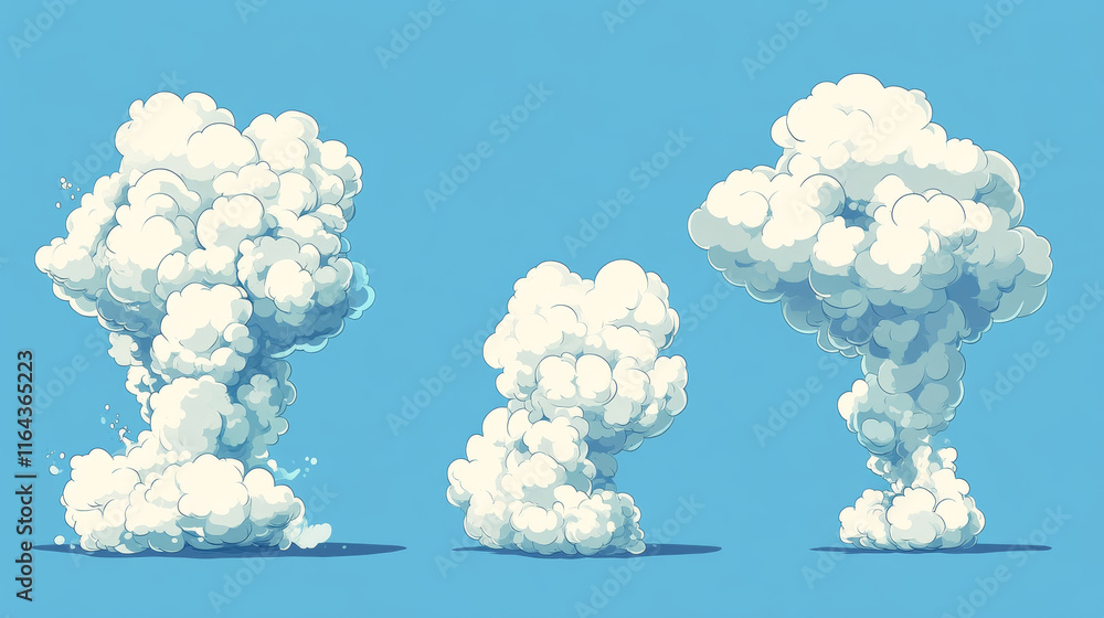 Poster magic smoke explode process animation sprite sheet. cartoon clouds, steam vfx explosion animated sho