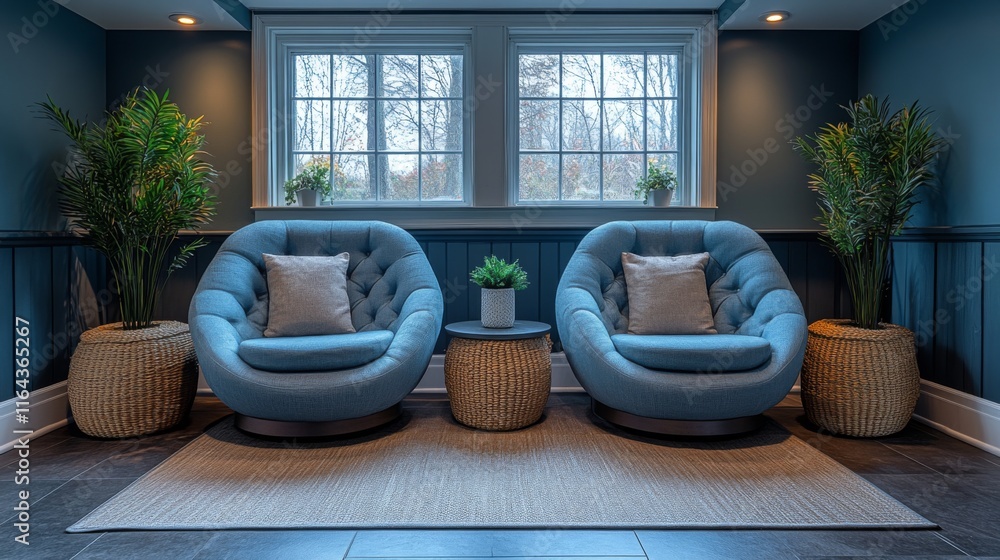 Aufkleber two soft blue chairs are positioned by large windows, creating a bright, inviting atmosphere. potted