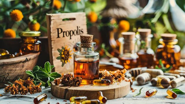Propolis tincture in a bottle. Selective focus. Nature.
