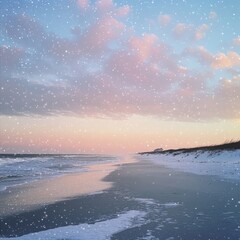 Winter Seascape Snowy Beach at Sunset