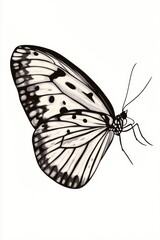 Close-up of a black and white butterfly perched on a white background, simplicity and elegance