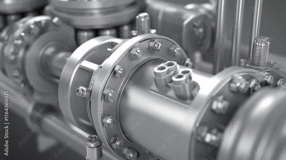 Poster detailed close-up of industrial pipeline component with valves and fittings showcasing precision eng
