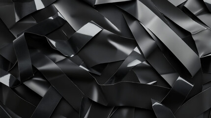 Duct tape pieces. Insulating black adhesive stripes attached with wrinkles. Vector realistic set of sticky scotch for fix, repair or packaging isolated on gray background