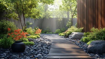 Zen garden path. A tranquil wooden path winds through a Japanese garden with dark gravel, lush plants, orange azaleas, and a dark vase, backed by a slatted wooden wall and soft sunlight.