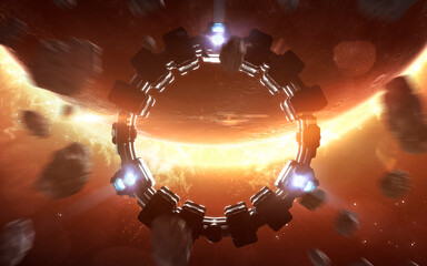3D illustration of A space station flies through the vastness of space. Spacecraft, spaceship design. High quality digital space sci-fi art in 5K - realistic visualization. Render
