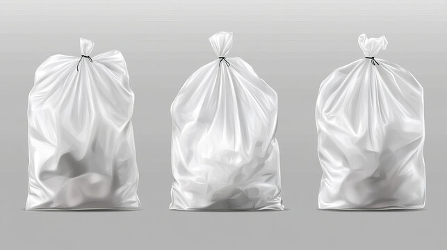 Blue plastic bag for trash, garbage and rubbish. Vector realistic mockup of polyethylene trashbag in roll, empty and full of waste. Sack with refuse with tied string isolated on transparent background