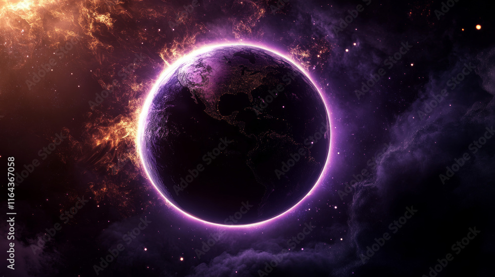 Poster earth planet eclipse with purple light on horizon abstract vector background. sunrise flare space ef