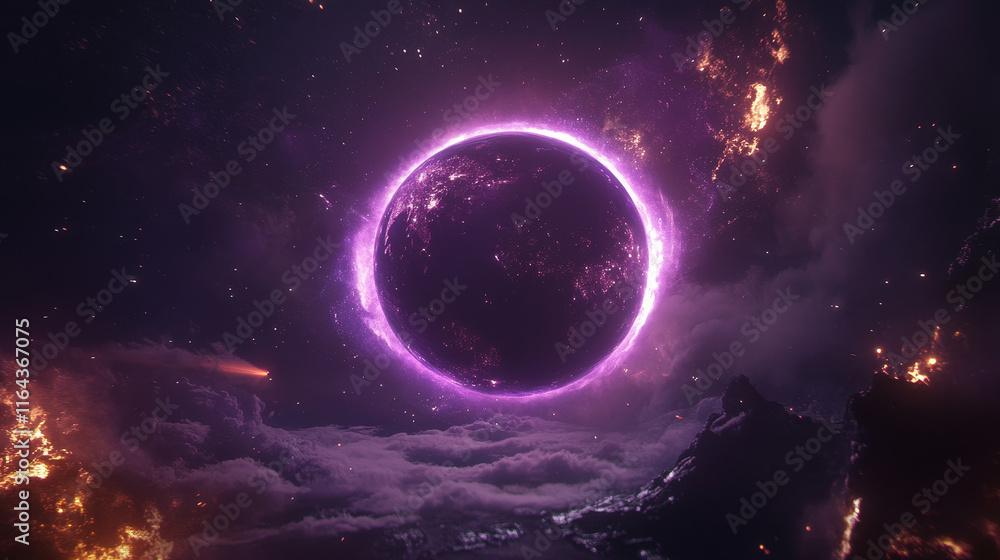 Poster earth planet eclipse with purple light on horizon abstract vector background. sunrise flare space ef