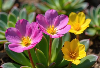 Pink and yellow flowers with green leaves in garden.