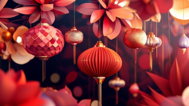 Happy Chinese New Year of the Snake 2025. Vector 3d modern abstract illustration of geometric chinese lanterns, sequin pattern, floral ornament for China greeting card, poster, background or postcard