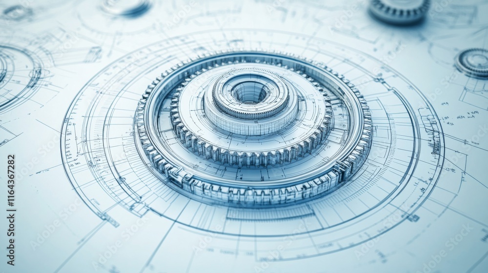 Poster detailed technical blueprint of a mechanical gear system featuring precision engineering and innovat