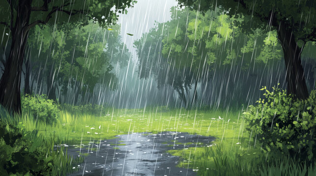 Summer rain in forest wild nature landscape. Cartoon background with trees, puddle and bushes on green field under water shower falling from dull grey sky. Storm at wild woodland, Vector illustration
