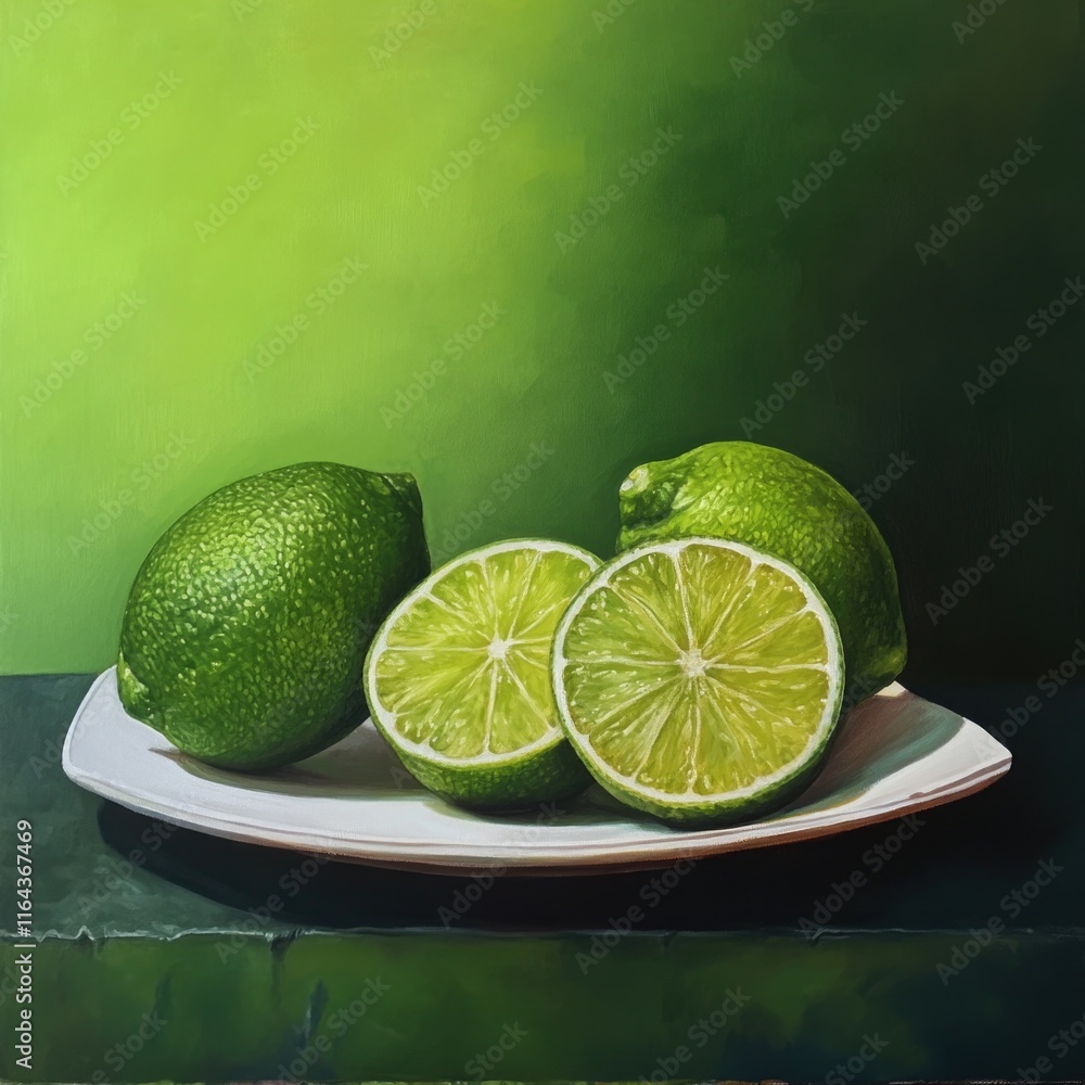 Poster a plate filled with fresh limes arranged on a table for display or use