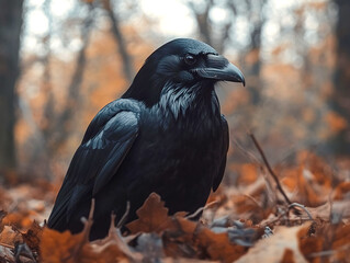 Naklejka premium birds above nature, black crow in autumn forest among fallen leaves